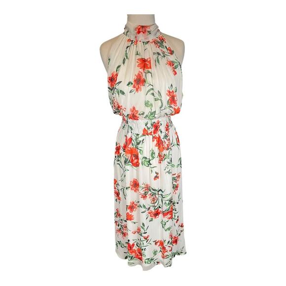 Calvin Klein Floral Print A-Line Halter Dress Chiffon Smocked Waist Tie at Back - Picture 5 of 14
